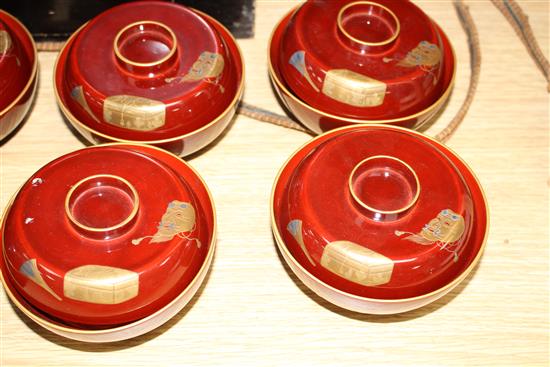 A set of 10 Japanese rice bowls and covers, with fitted box